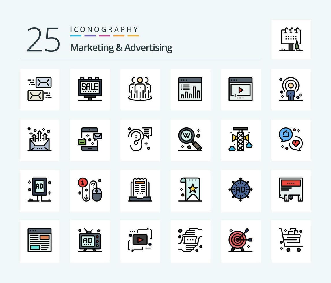 Marketing And Advertising 25 Line Filled icon pack including graph. analytics. poster. analysis. group vector
