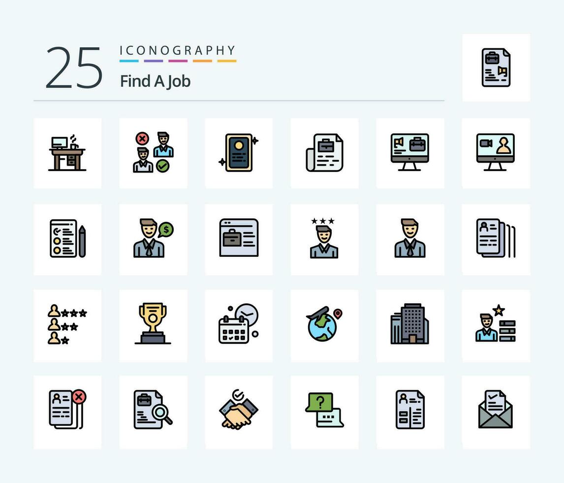 Find A Job 25 Line Filled icon pack including bag. bag. cancel. file. document vector