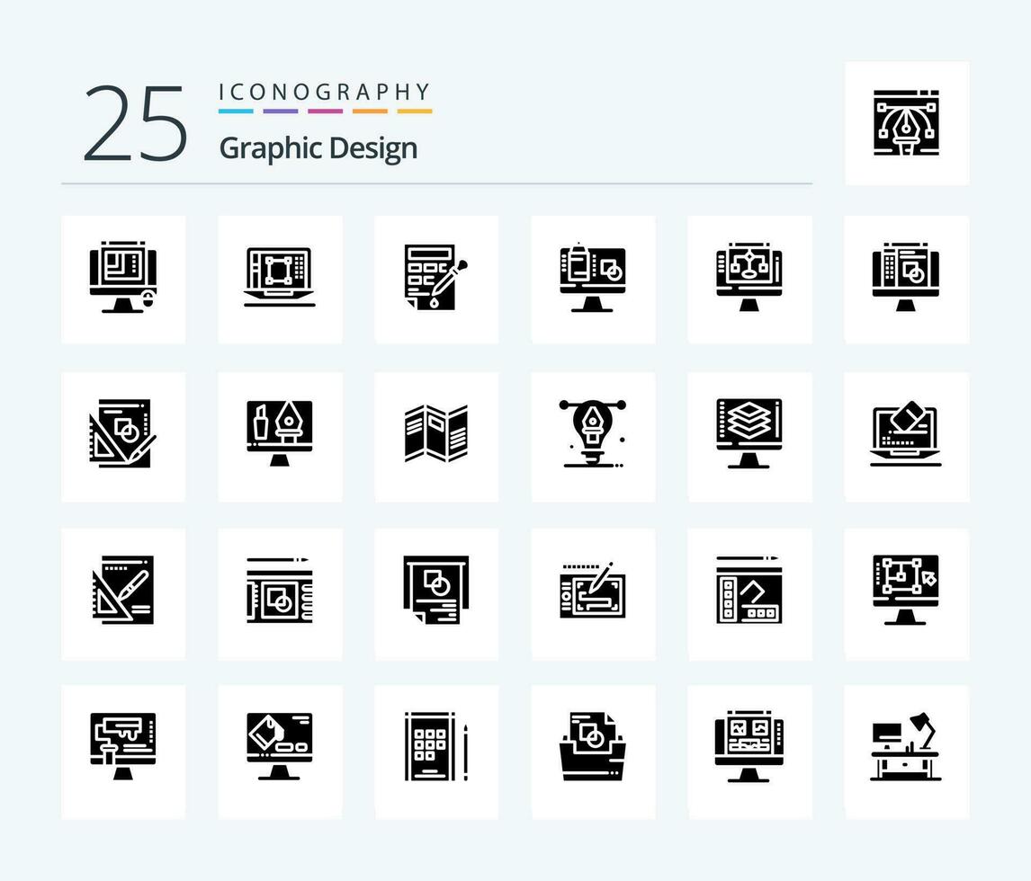 Graphic Design 25 Solid Glyph icon pack including computer . color fill. designing tool . color drop . bucket vector