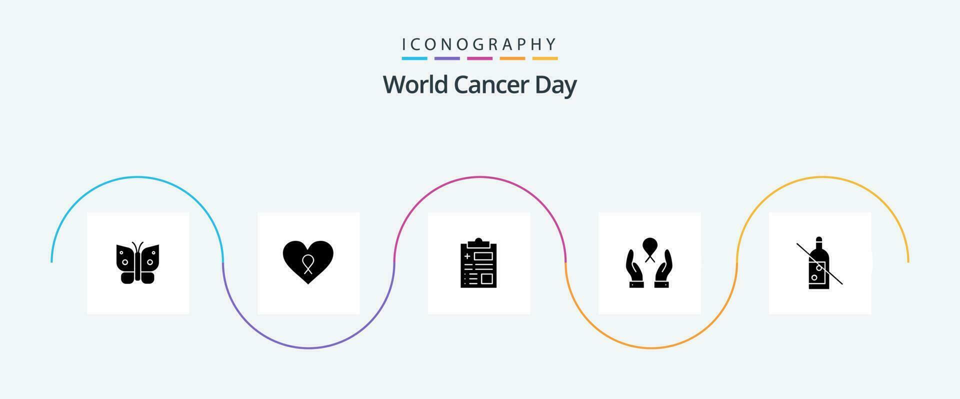 mundo cáncer día glifo 5 5 icono paquete incluso cuidado de la salud. registro. amor. informe. cáncer vector