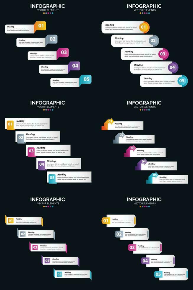 plantilla de diapositiva de presentación del paquete de infografías vectoriales 6 diagramas de ciclo de 5 pasos y líneas de tiempo vector