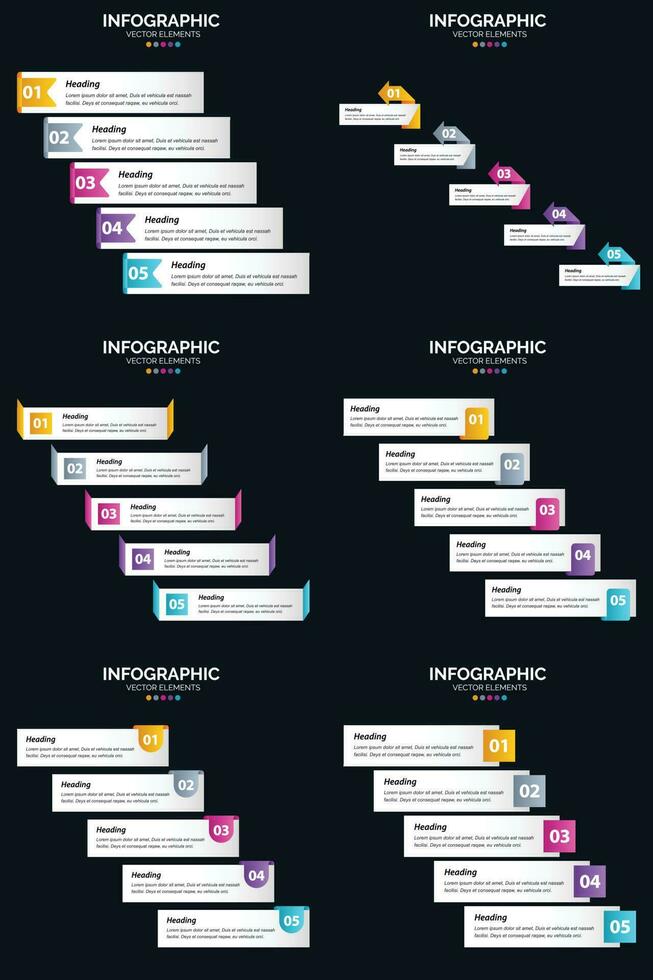 plantilla de diapositiva de presentación del paquete de infografías vectoriales 6 diagramas de ciclo de 5 pasos y líneas de tiempo vector