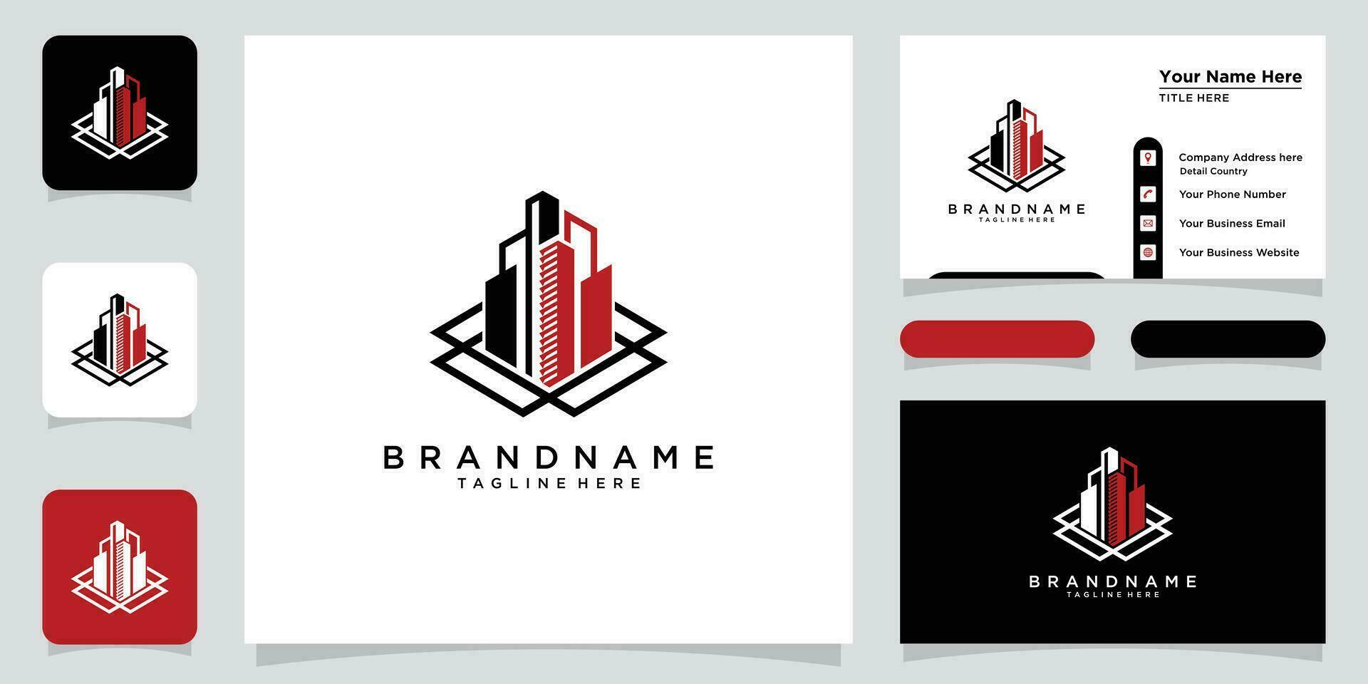 Cube building logo design element ,Building logo ,Cube icon with business card design Premium Vector