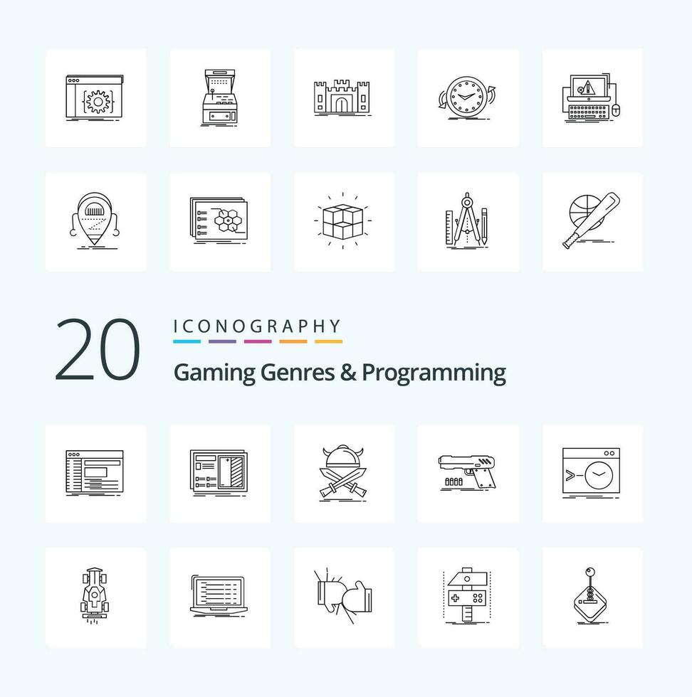 20 Gaming Genres And Programming Line icon Pack like handgun swords drawing warrior emblem vector