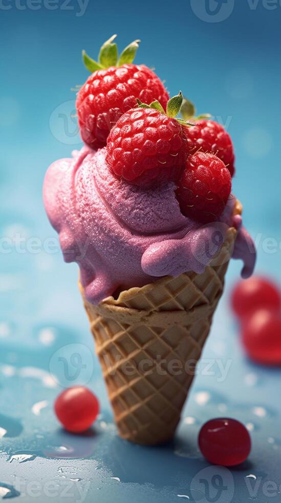Ice cream cone waffle with strawberry topping background. photo