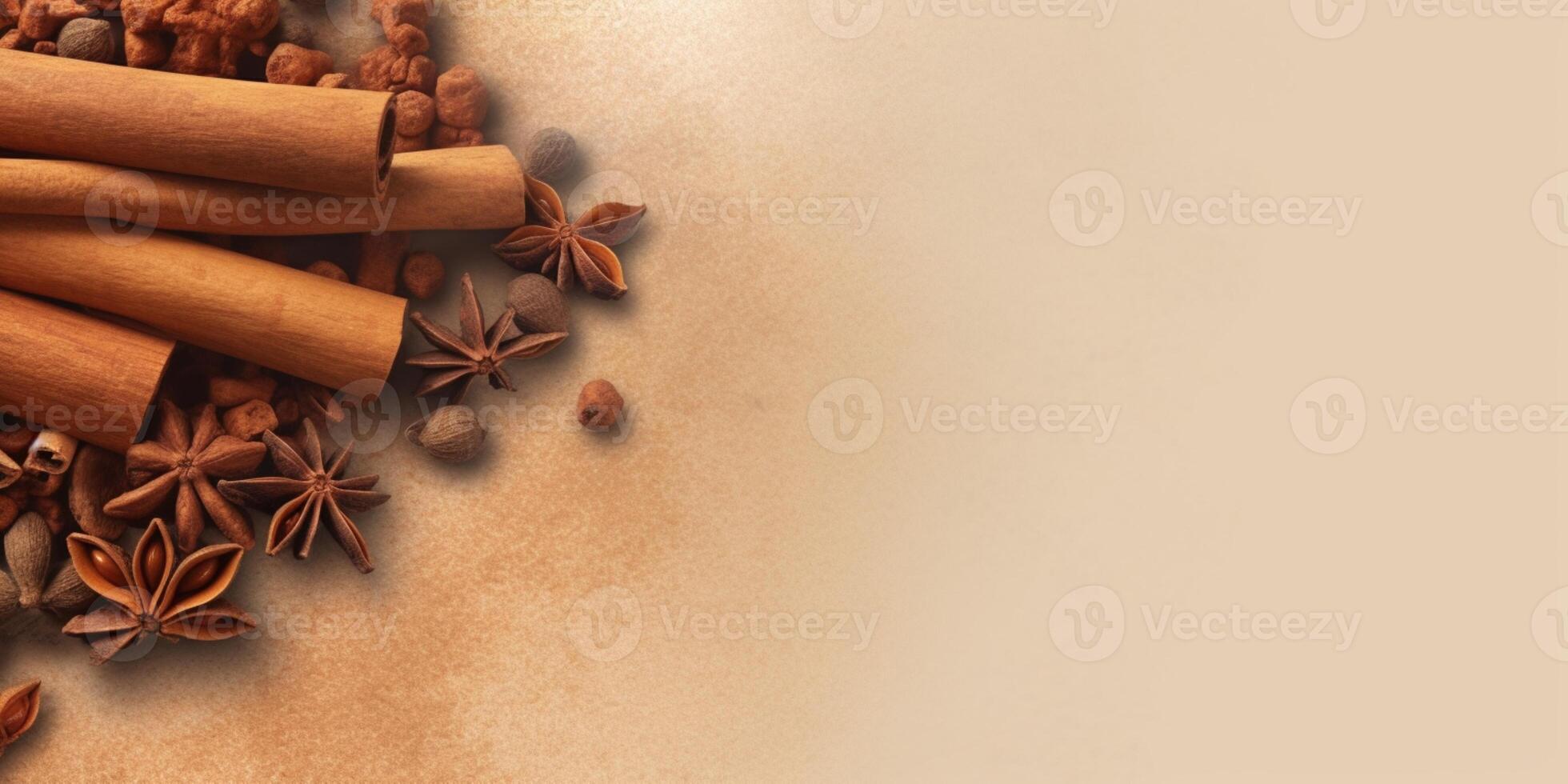Cinnamon pile on table copy space blurred background, photo