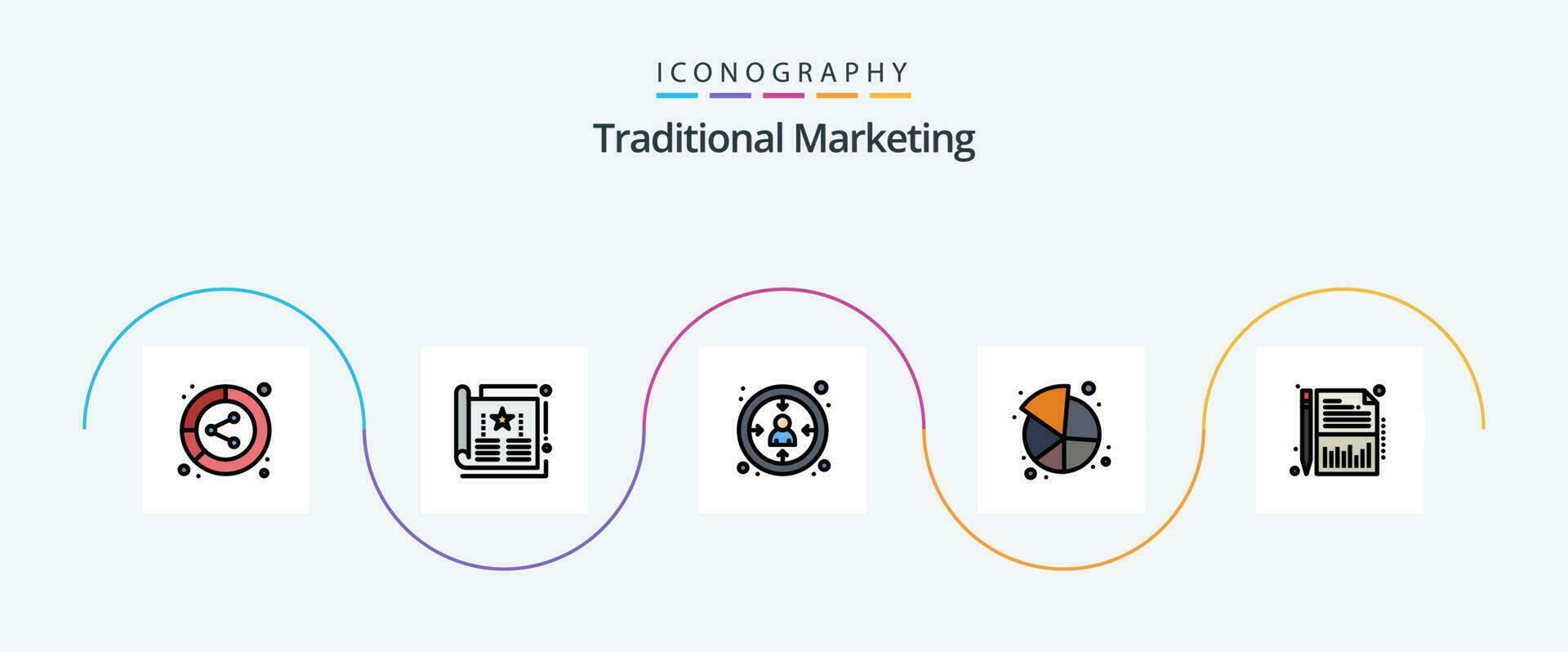 Traditional Marketing Line Filled Flat 5 Icon Pack Including share. market. leaflet. chart. experience vector