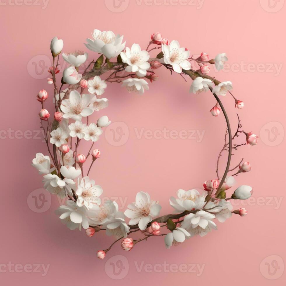 Circle made of white flowers and branches copy space background. AI Generated photo