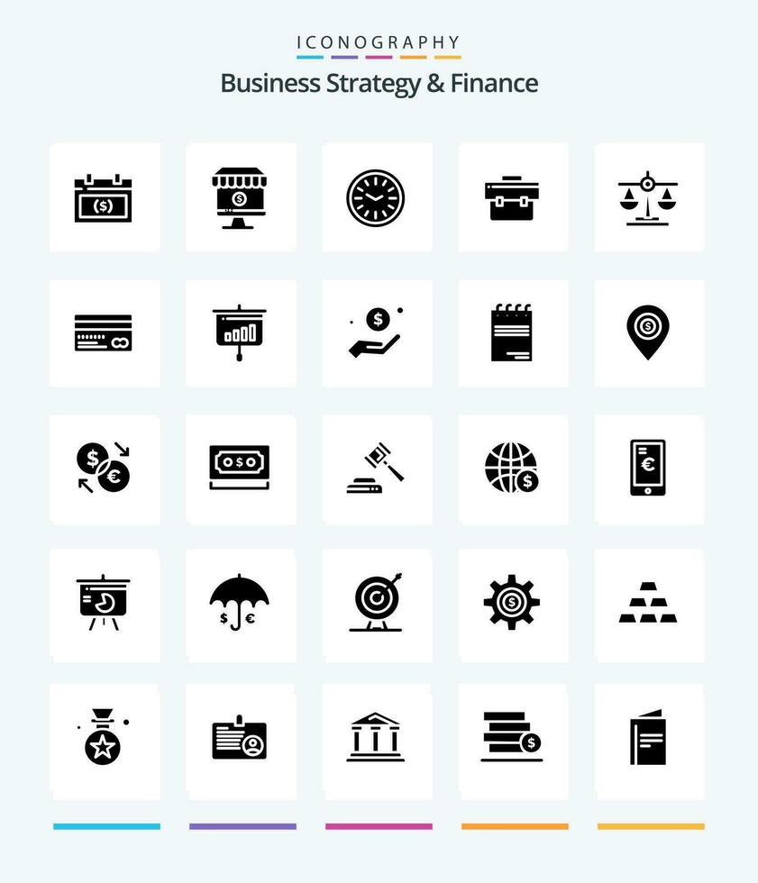 Creative Business Strategy And Finance 25 Glyph Solid Black icon pack  Such As bag. time. online. wall. vector