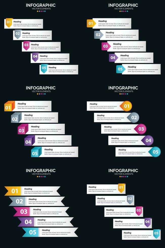 plantilla de diapositiva de presentación del paquete de infografías vectoriales 6 diagramas de ciclo de 5 pasos y líneas de tiempo vector