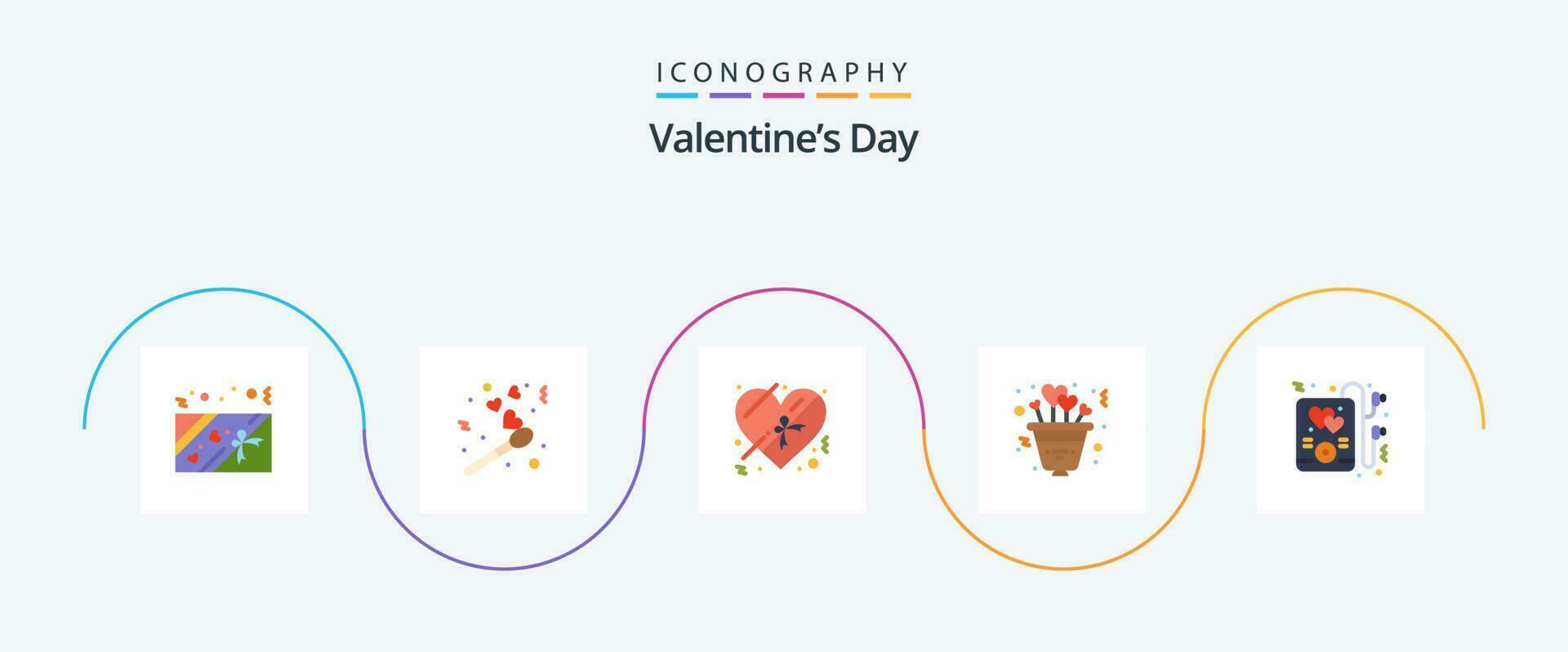 Valentines Day Flat 5 Icon Pack Including . mp music. present. headphone. plant vector