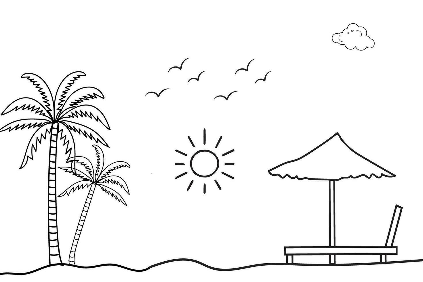 Summer sunset tropical beach line art vector illustration,hand drawn sunlight and sunrise outline landscape tropical beach, palm tree with sunset waves Nature view, Kids drawing Beach coloring pages