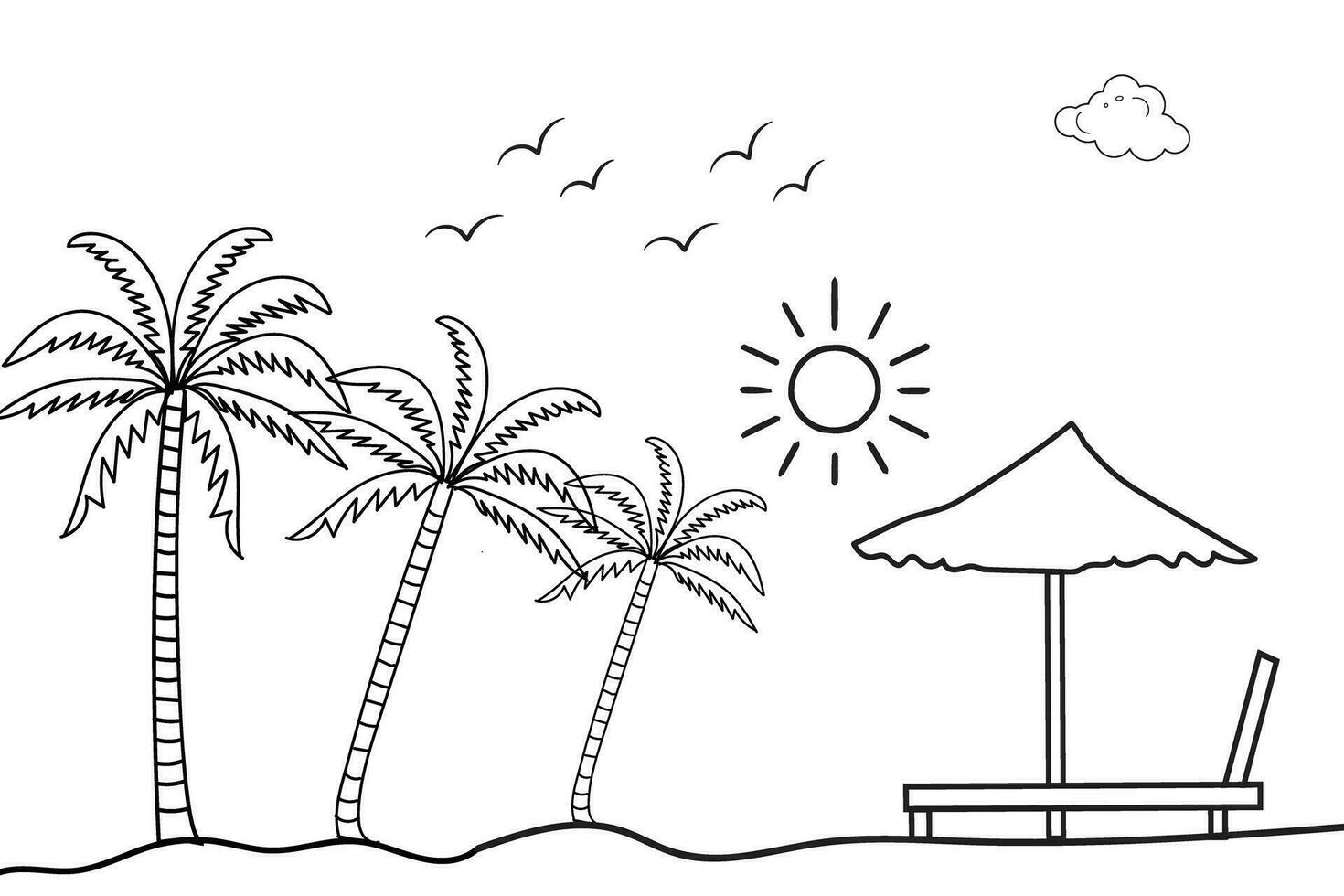 Summer sunset tropical beach line art vector illustration,hand drawn sunlight and sunrise outline landscape tropical beach, palm tree with sunset waves Nature view, Kids drawing Beach coloring pages