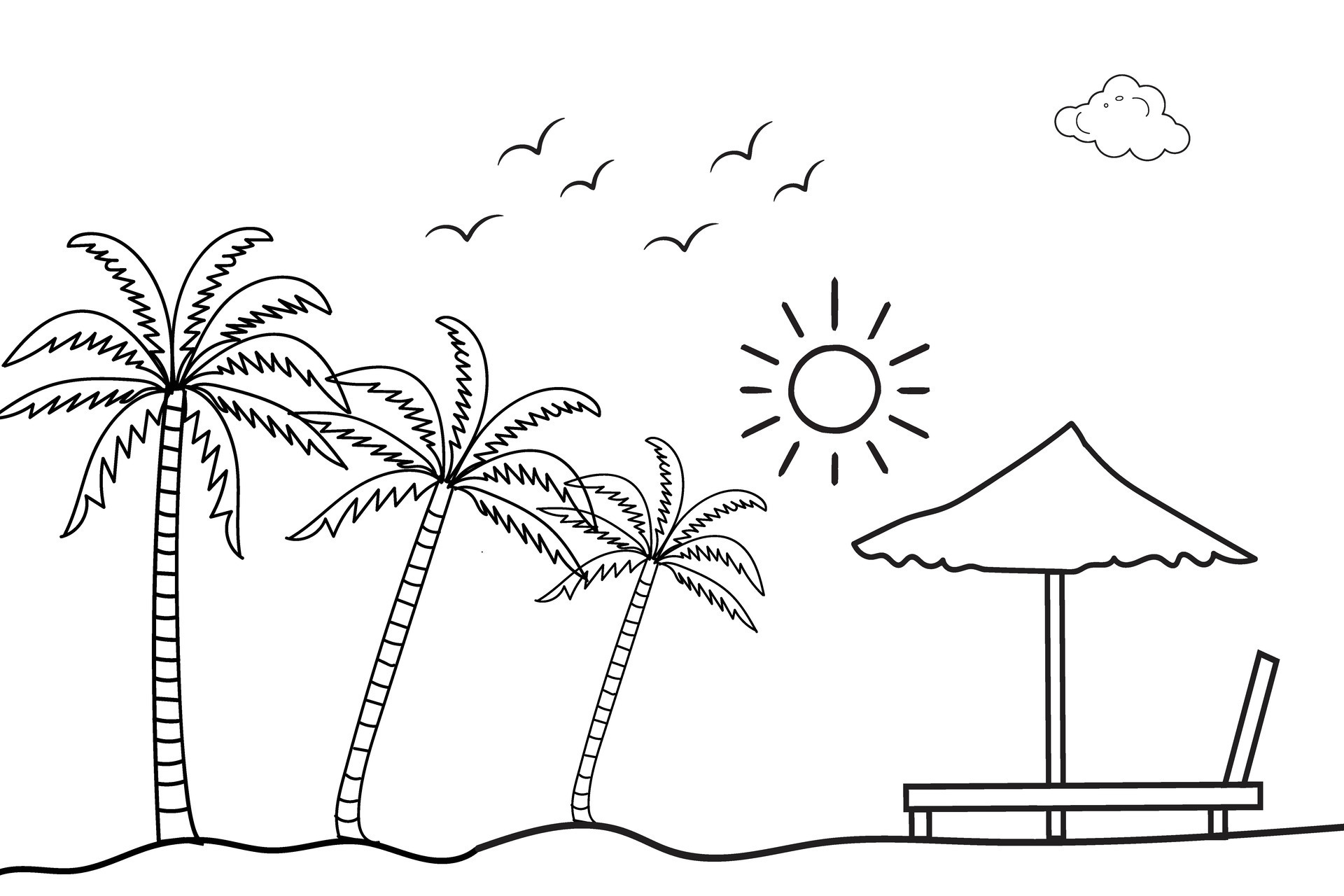 Summer sunset tropical beach line art vector illustration,hand drawn