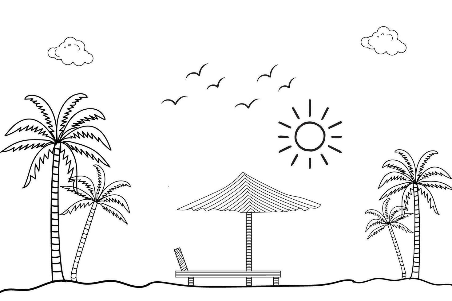 Summer sunset tropical beach line art vector illustration,hand drawn sunlight and sunrise outline landscape tropical beach, palm tree with sunset waves Nature view, Kids drawing Beach coloring pages