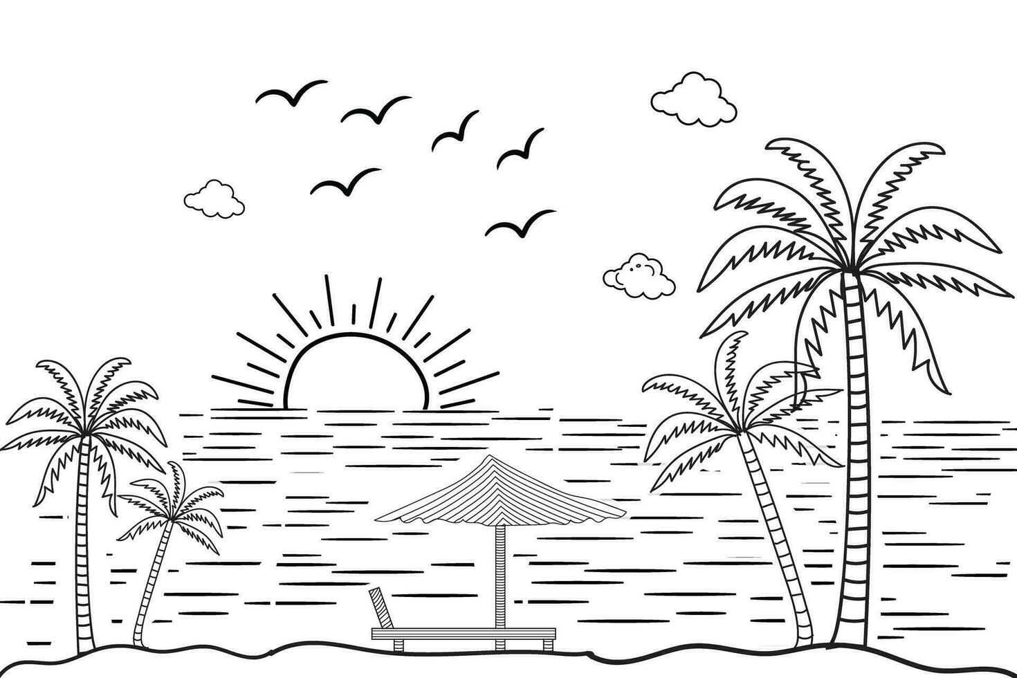 Summer sunset tropical beach line art vector illustration,hand drawn sunlight and sunrise outline landscape tropical beach, palm tree with sunset waves Nature view, Kids drawing Beach coloring pages