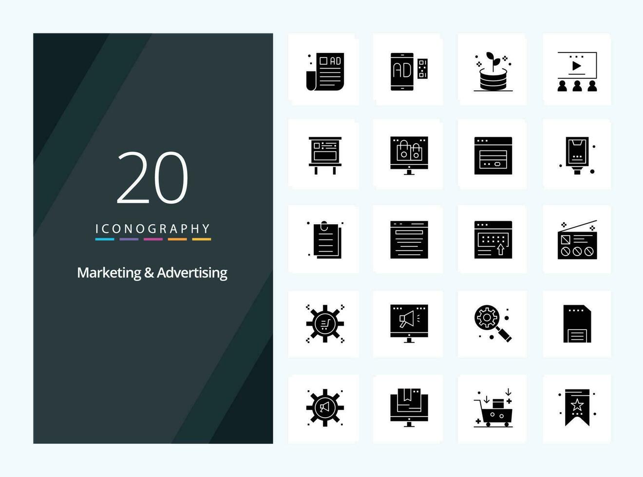 20 Marketing And Advertising Solid Glyph icon for presentation vector