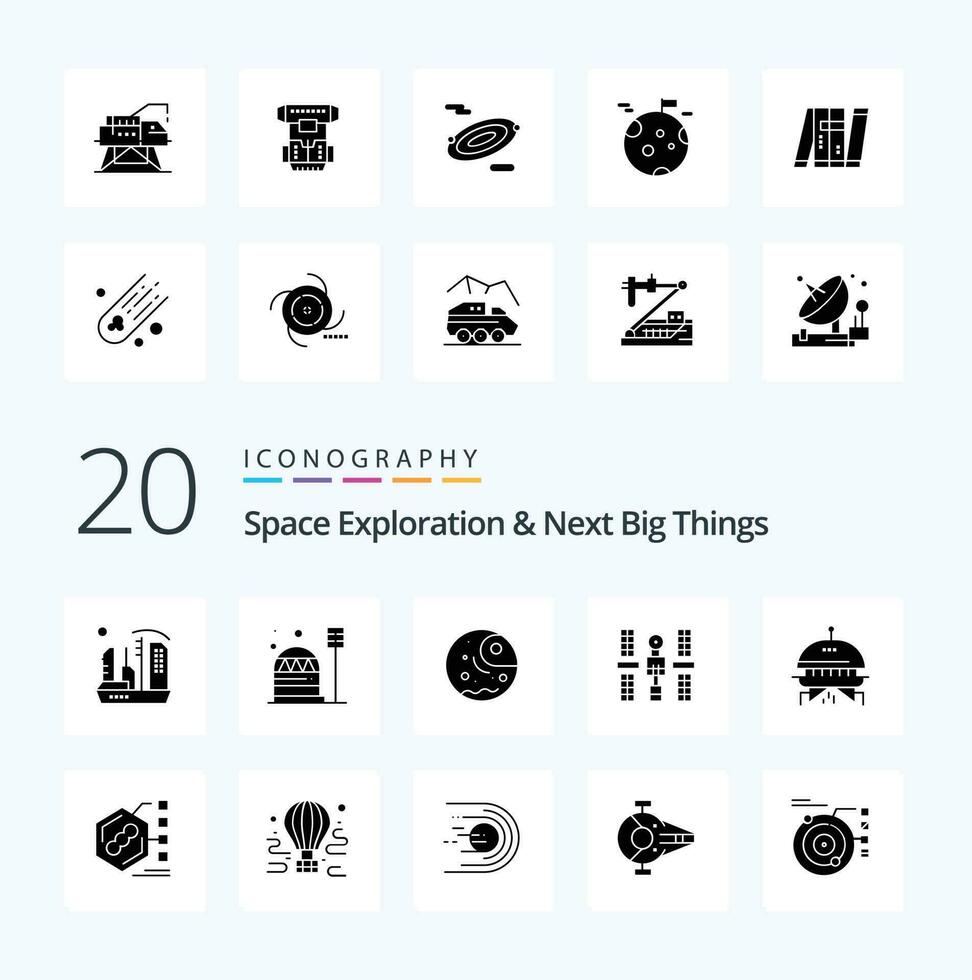 20 Space Exploration And Next Big Things Solid Glyph icon Pack like satellite orbital dome complex giant vector