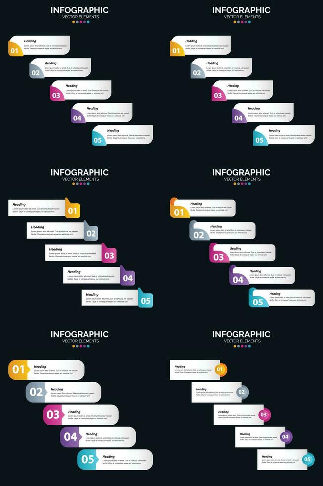 plantilla de diapositiva de presentación del paquete de infografías vectoriales 6 diagramas de ciclo de 5 pasos y líneas de tiempo vector