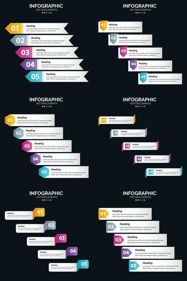 plantilla de diapositiva de presentación del paquete de infografías vectoriales 6 diagramas de ciclo de 5 pasos y líneas de tiempo vector