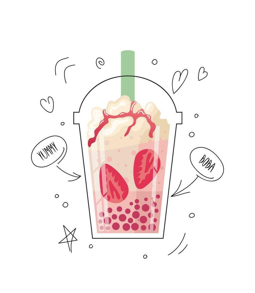 Strawberry bubble tea, pearl milk tea, boba, Taiwans drink.chewy tapioca balls grass jelly, aloe vera, red bean. Whipped cream, berry topping. Cute doodle illustration. For menu, cafe, flyer, banner vector