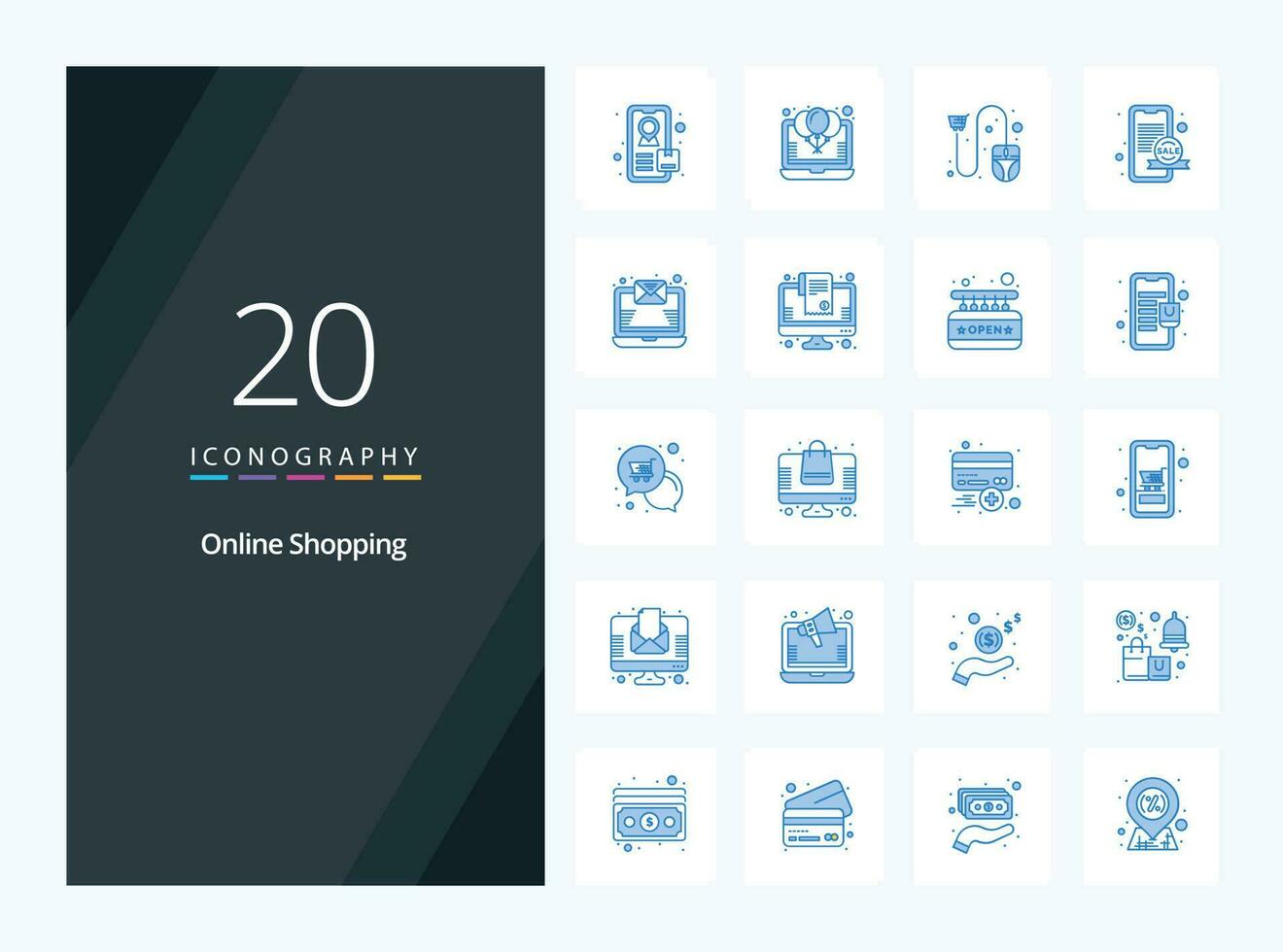20 icono de color azul de compras en línea para presentación vector