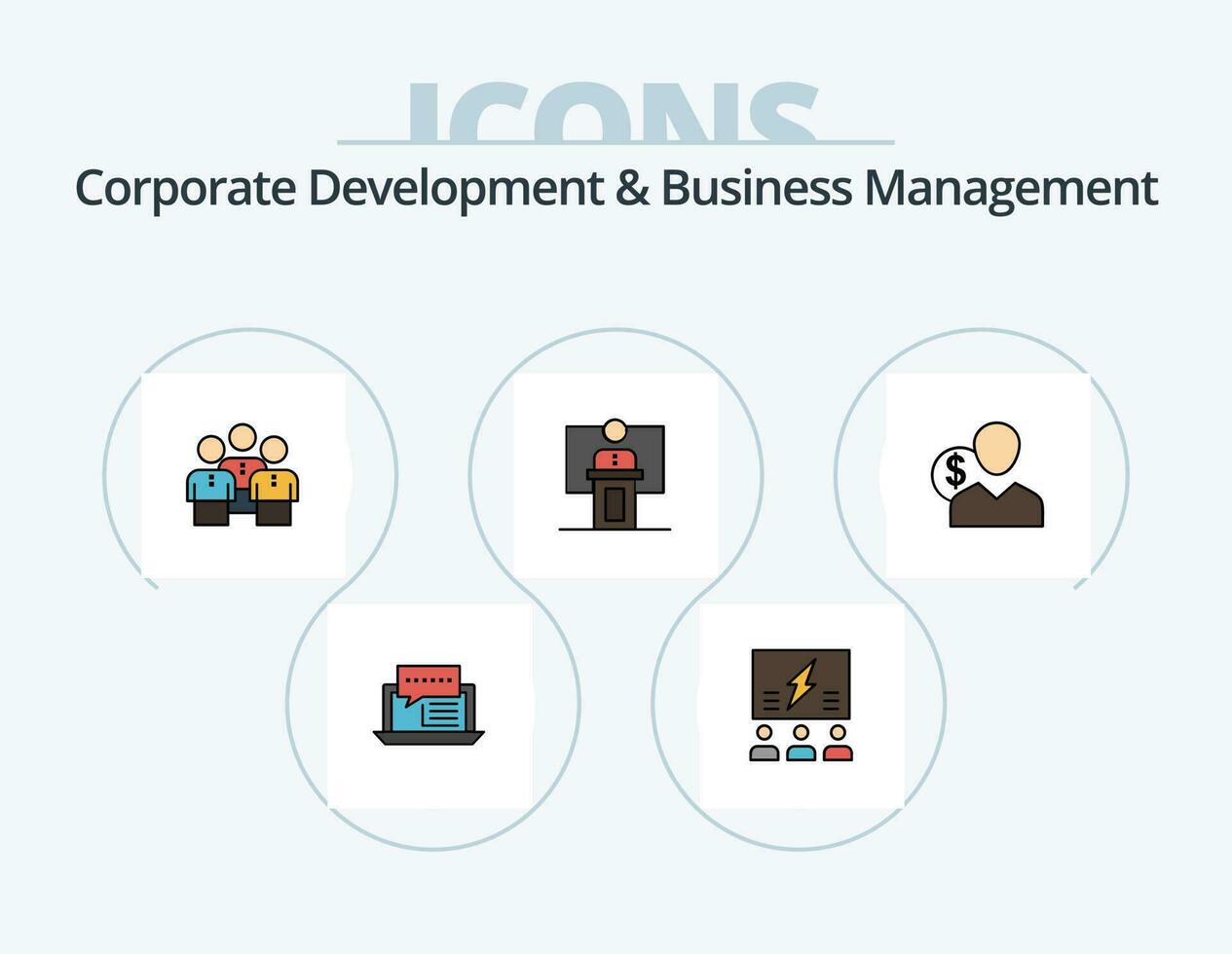 corporativo desarrollo y negocio administración línea lleno icono paquete 5 5 icono diseño. personal. humano. charlar. crecimiento. social vector