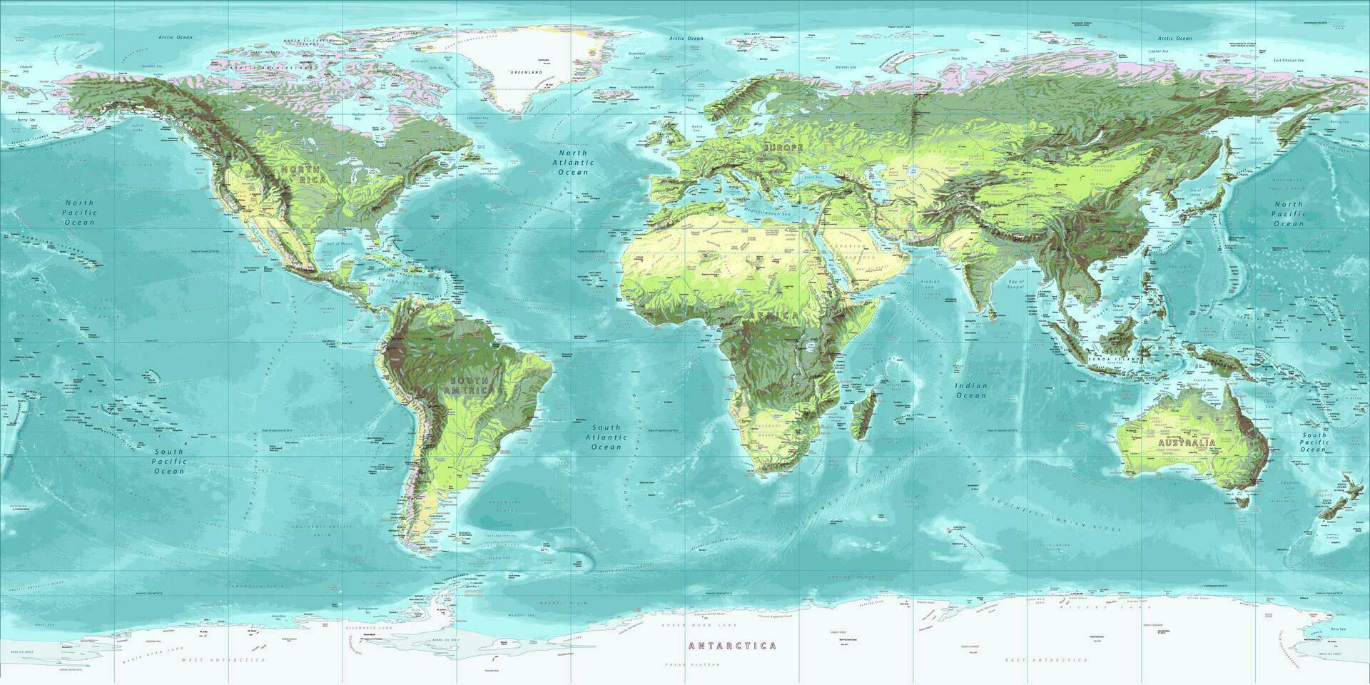 Detailed physical world map  Equirectangular projection vector