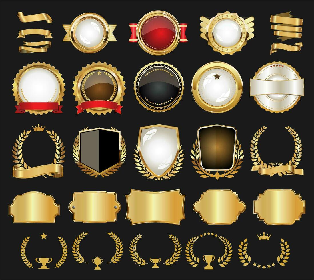 Retro vintage golden badges labels shields and ribbons design elements vector