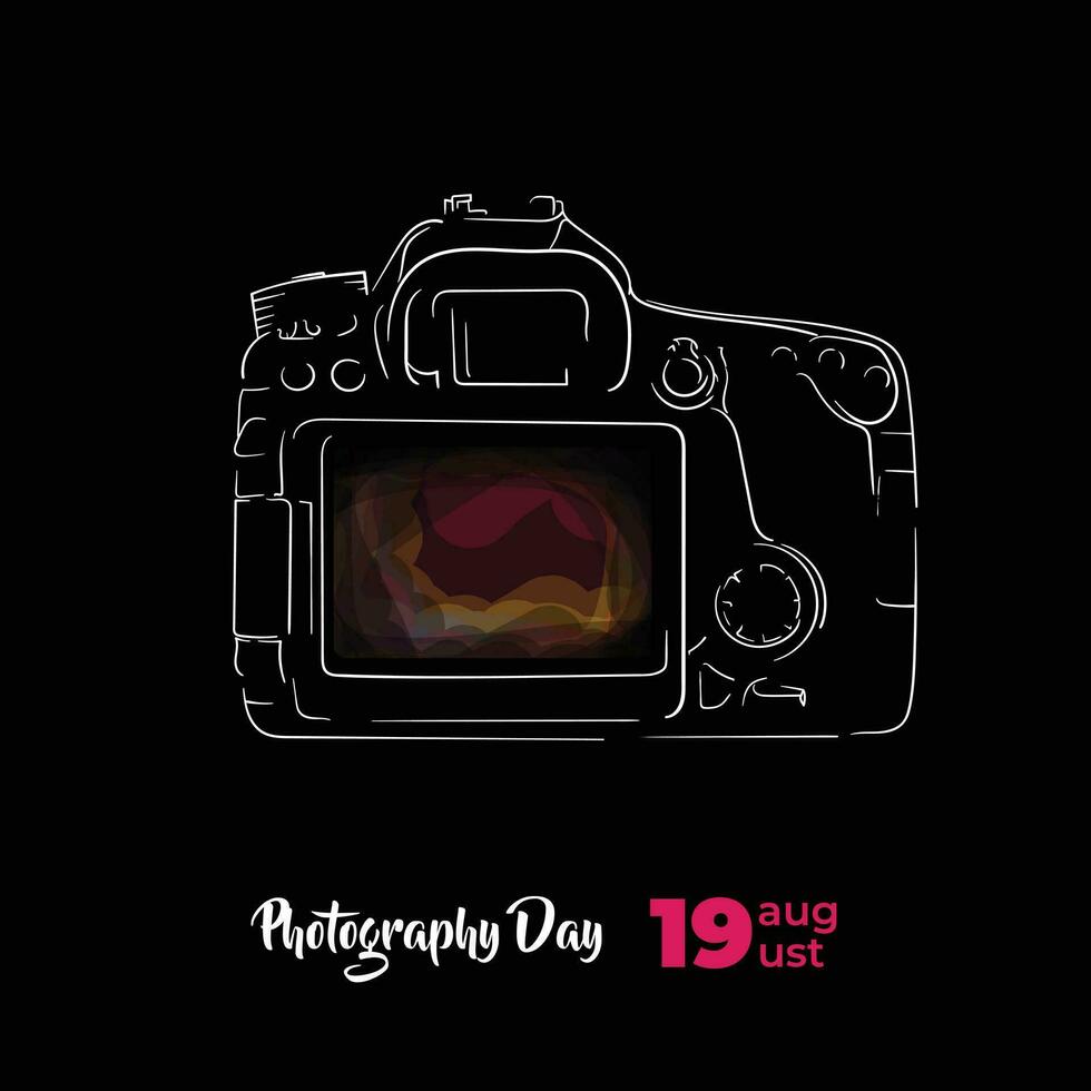 Camera with hand drawn design look from back view for world photography day template vector