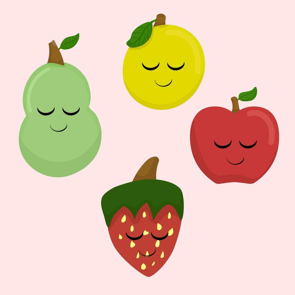 frutas vector dibujos animados personaje gracioso manzana Pera naranja manzana fresa con plano color estilo