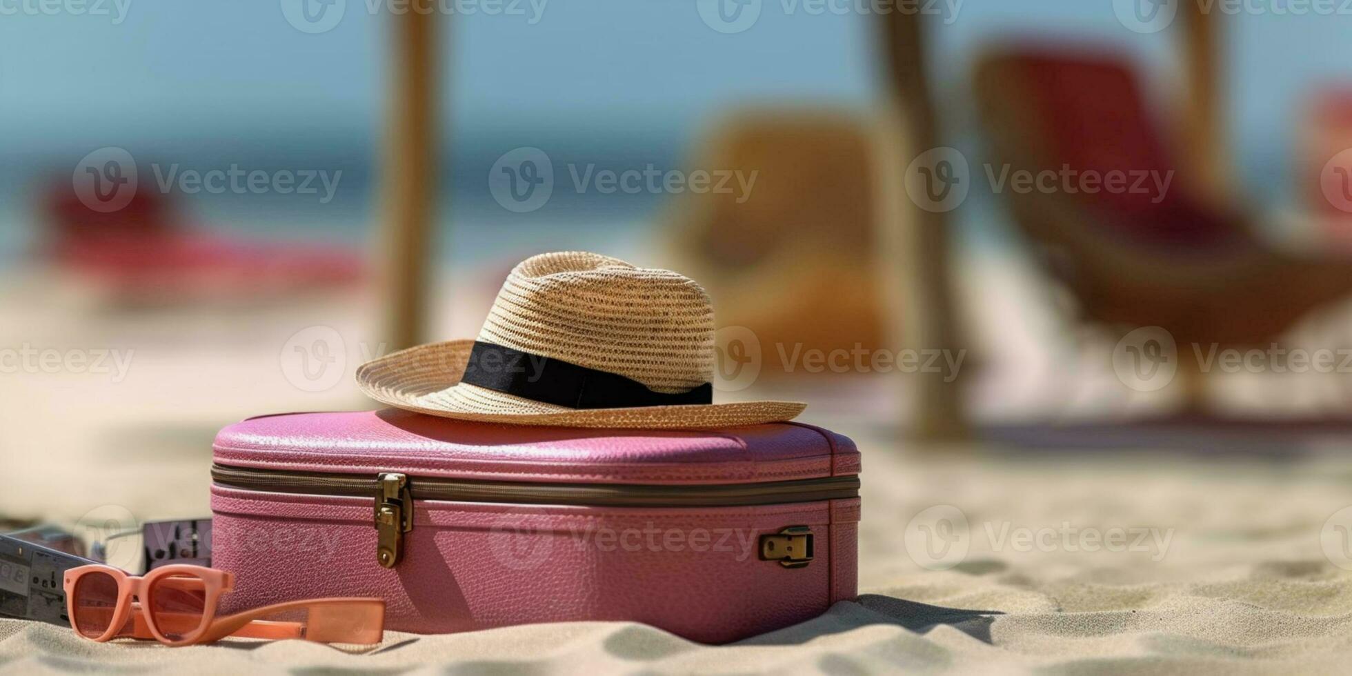 Straw hat and suitcase on beach sand holiday background. AI Generated photo