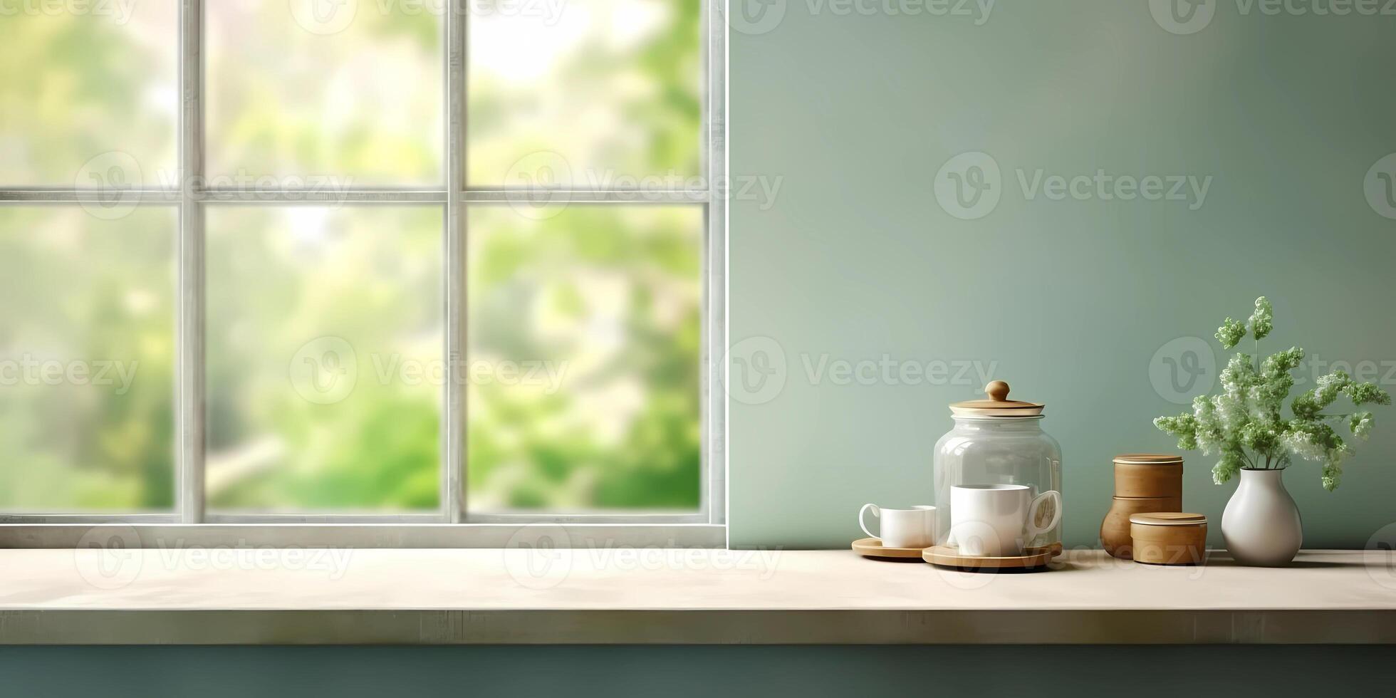 Wood table and window with plant with sun light copy space blurred background, AI Generated photo