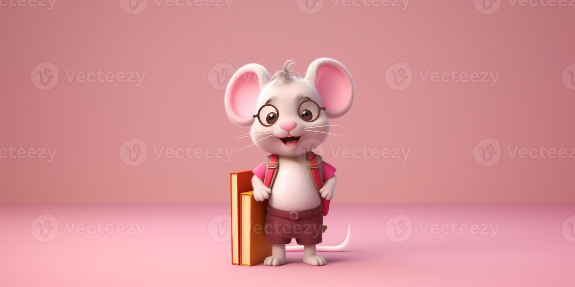 Little mouse with backpack school cartoon animation, AI Generated photo