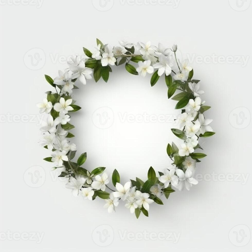 Circle made of white flowers and branches copy space background. photo