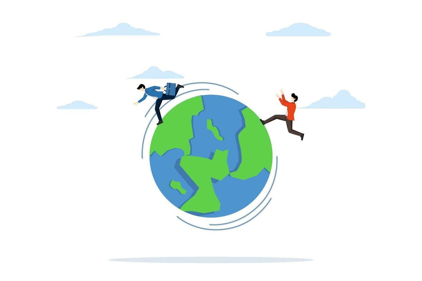 international work abroad concept, global business competitors, agile world change innovation, businessmen compete by escape and catch each other in the world, planet earth. flat vector illustration.