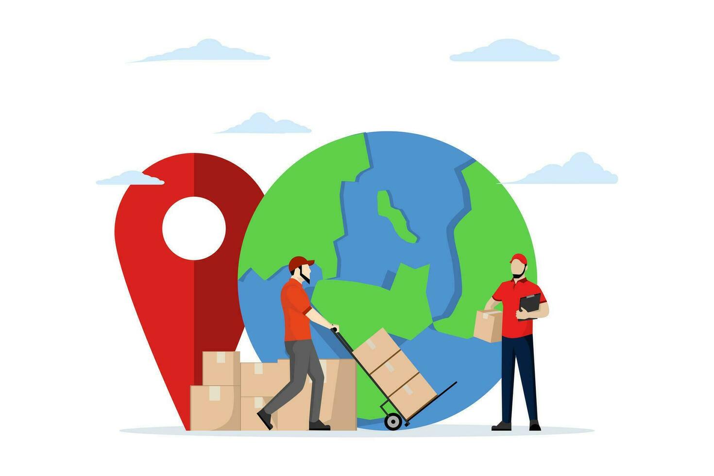 Global logistics service concept, world import and export transport, good shipping and delivery, logistics delivery worker carrying packages on the way for delivery with big earth. vector