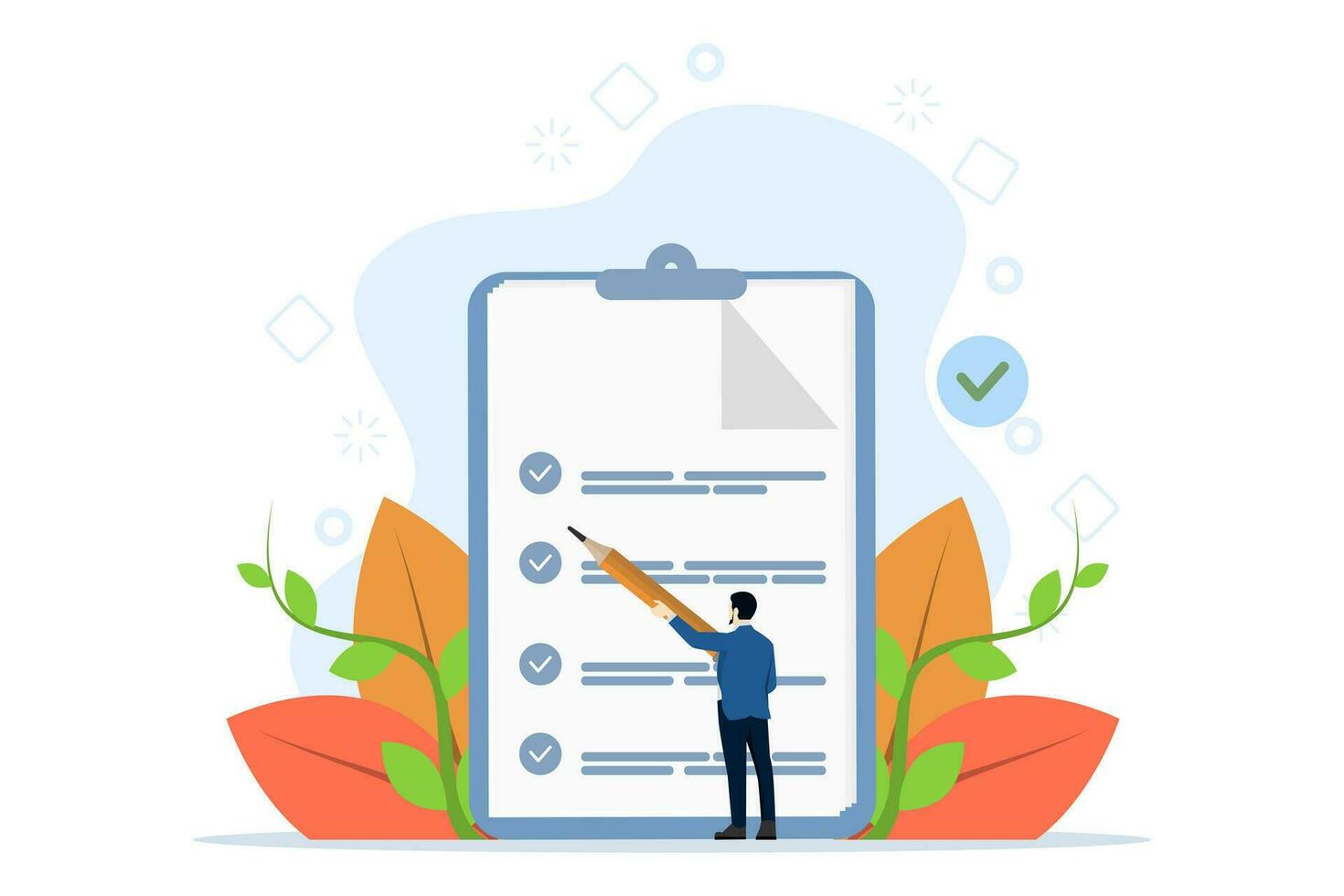 Businessman checking documents. Project tracking or goal tracker. Successfully completed part of checklist and progress well done. flat vector illustration on a white background.