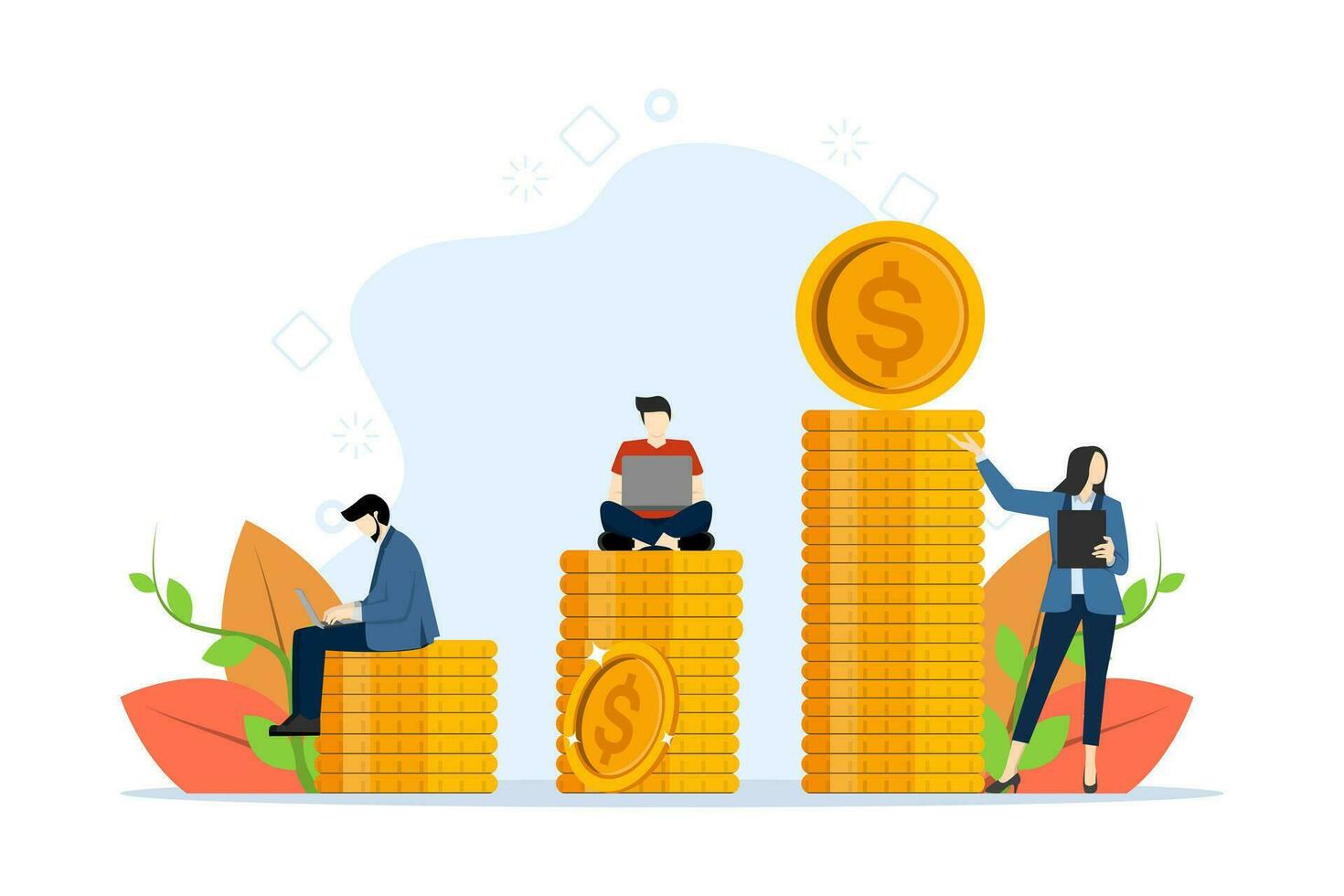 Concept of career growth to success. People sitting and standing near coins. Investment management, business analysis. Flat vector illustration for web page, website and mobile.