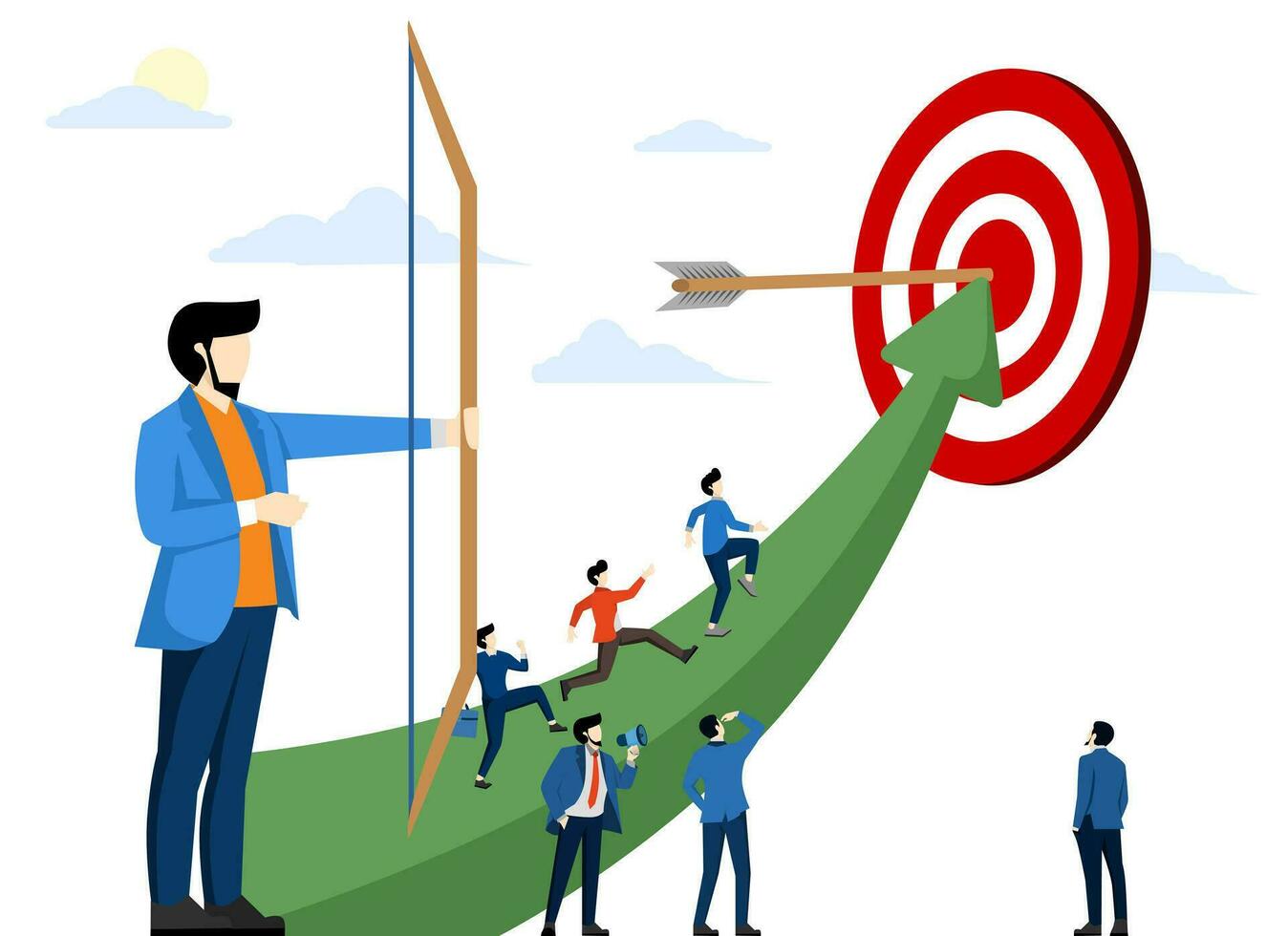 businessman archery and aiming at the target, people run to their goal along the arrow to cut, increase motivation, how to reach the goal, flat vector illustration on a white background.