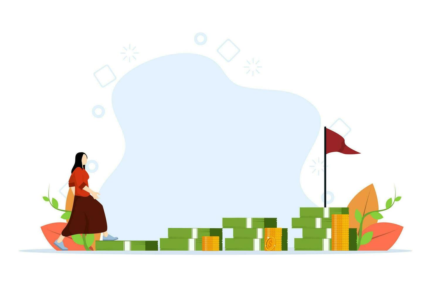 concept of personal investment and retirement savings. Earnings, Business woman climbing ladder from pile of coins to her financial goals. flat vector illustration on a white background.