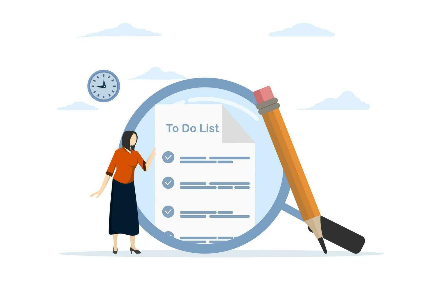 to-do list concept. Checklist for job completion. Check important plans or documents. Businessman standing with pencil and magnifying glass after completing all to do list. flat vector illustration.