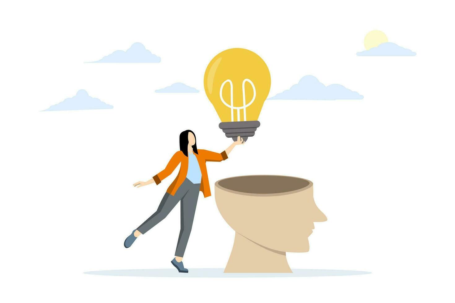 creativity idea concept, Business idea, mentor giving advice, solution to solve business problem or helping share businesswoman giving light bulb idea to others. flat vector illustration.