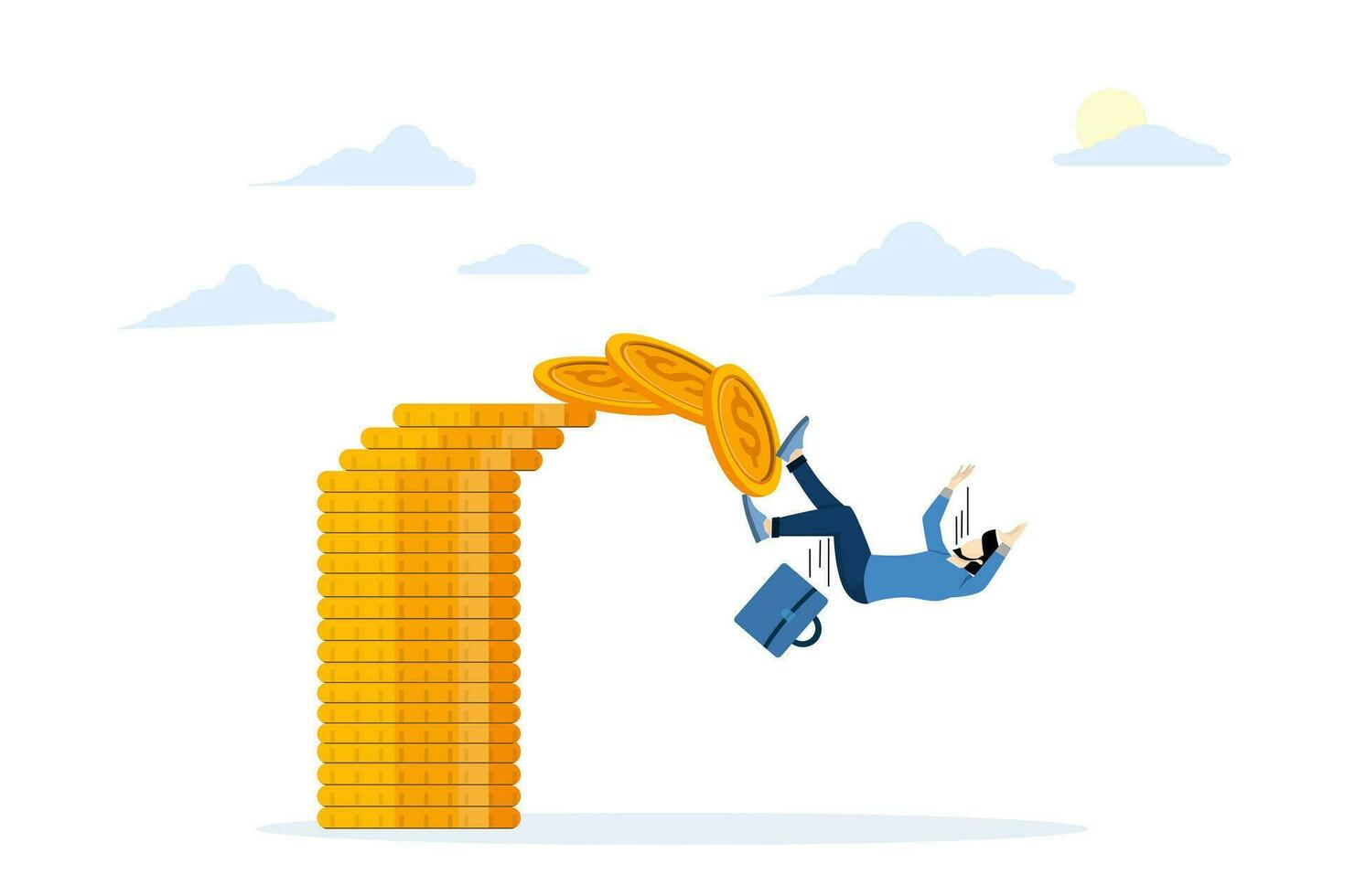 Bankruptcy concept, Loss of money, Increase in debt, Lack of finance, Risk of investment funds, devaluation of wealth, Decrease in income. Businessman fell from pile of coins. Flat Vector illustration