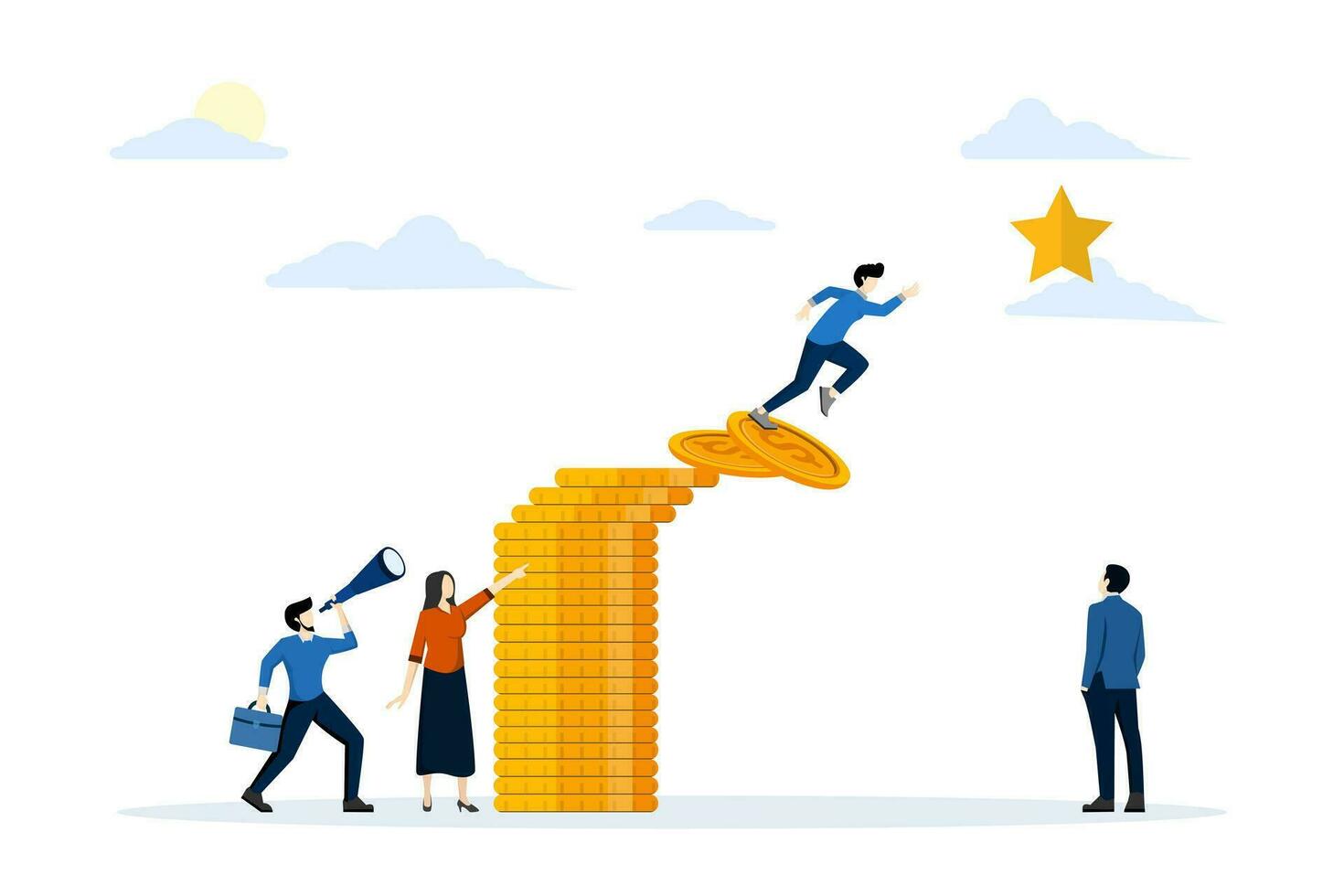 Reach target, goal and success concept. A businessman jumps from a pile of coins to reach the stars. Business challenges, motivations, opportunities, investment, development and growth. vector