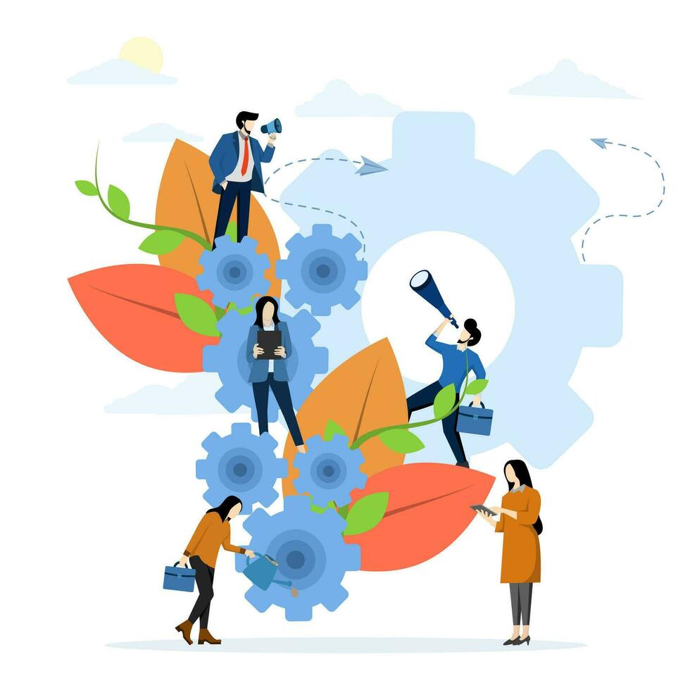 teamwork in finding new ideas, little people launching mechanisms, looking for new solutions, creative work, mind, thinking, flat vector cartoon style illustration.