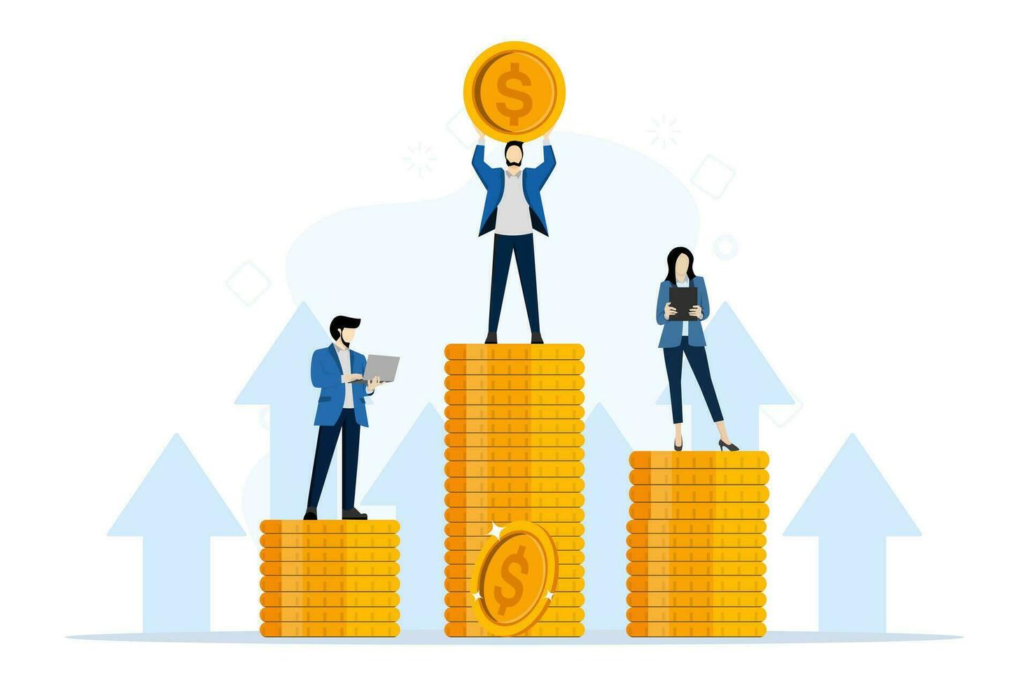 People standing at work, standing happy, jumping, increasing pile of money, paying overtime, Salary, Extra income, Saving money, Flat vector illustration on a white background.
