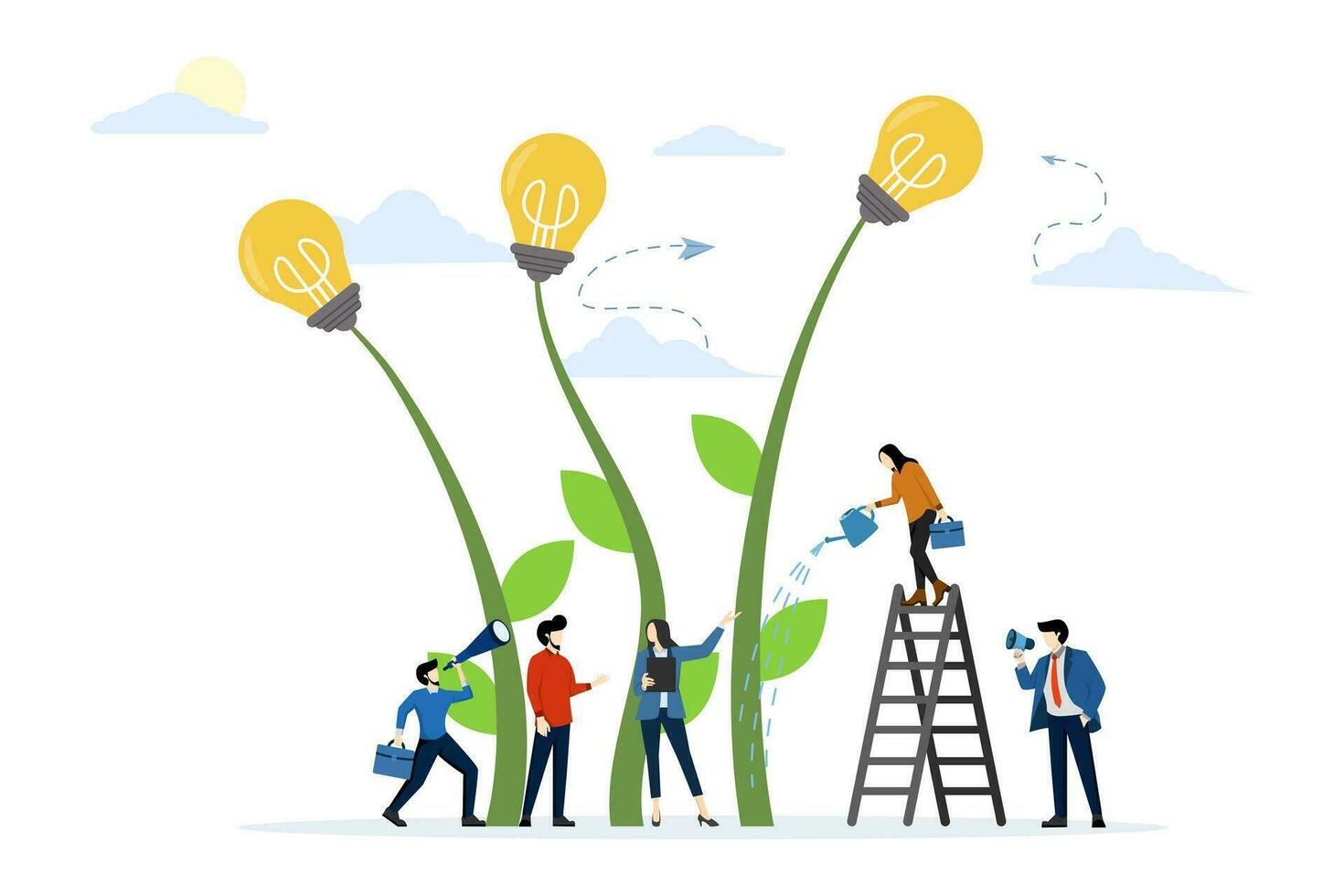 business analysis concept. people growing potted plants, a metaphor for a creative idea. graphic design idea of project activity, flat vector illustration on white background.