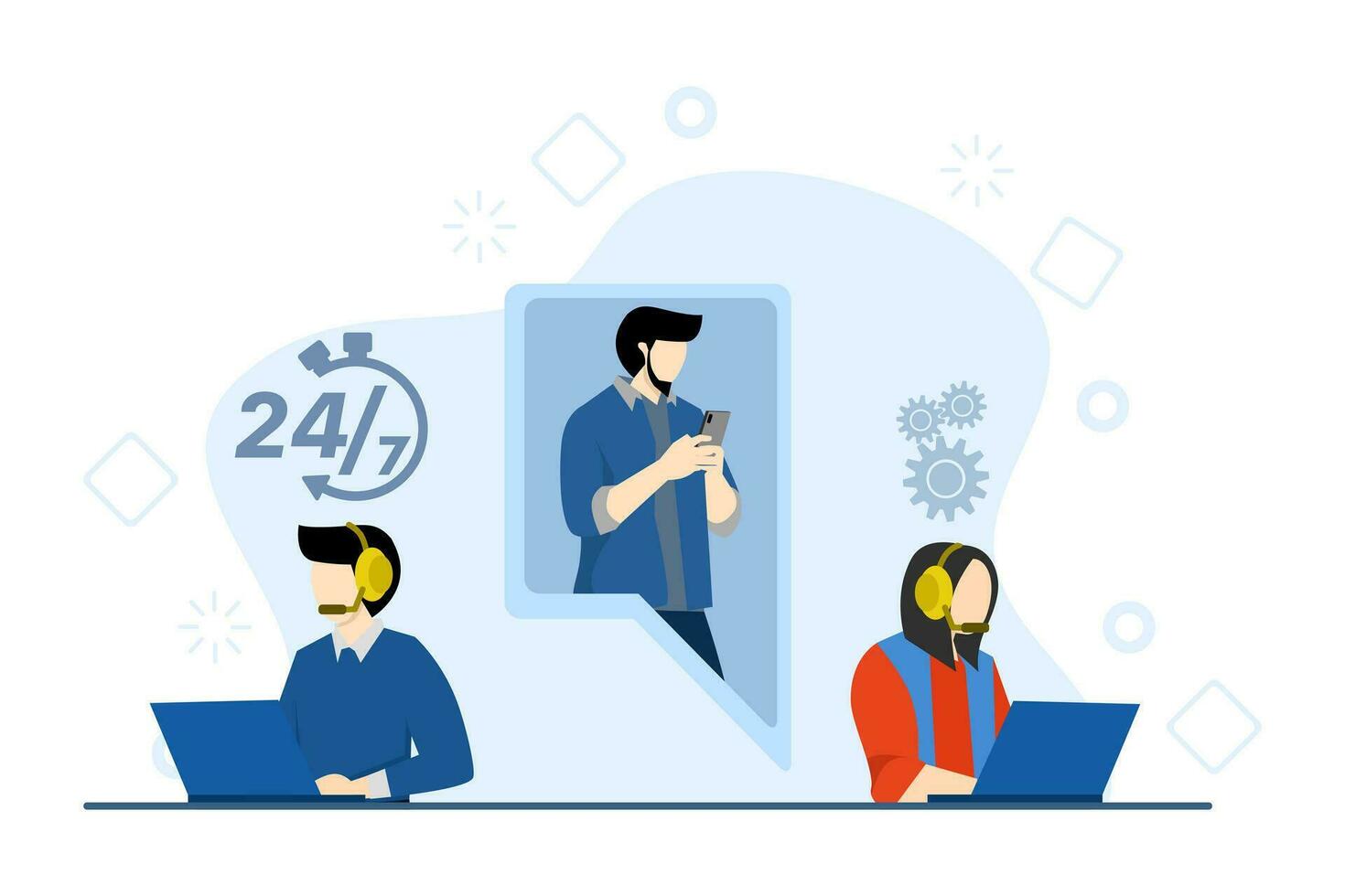 Customer service, headphones and microphone man and woman with laptop, Concept illustration for support, call center, Support, help, call center. Vector illustration in flat style.