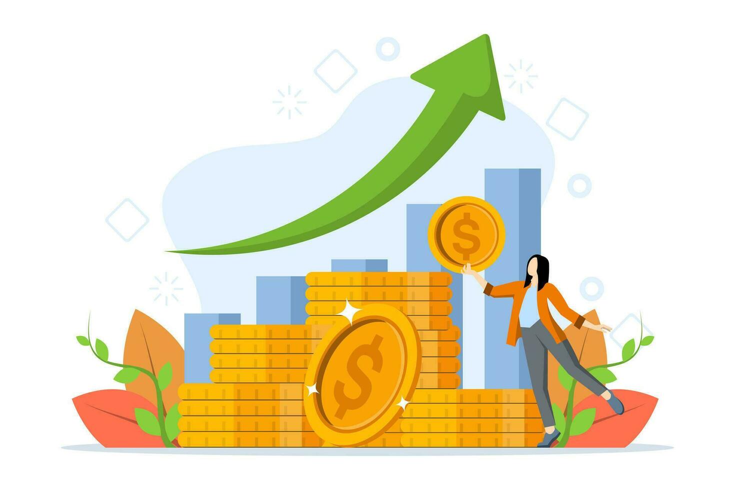 Long term investment. Growing profits from doing business or investing in stocks. increased revenue. Compound interest yield. Businessman puts more dollar coins to increase his savings. vector